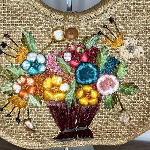 Womens Hand Bag Tote Weaved Jute Floral Vase Design Wooden Handles Summer Beach - Picture 7 of 14